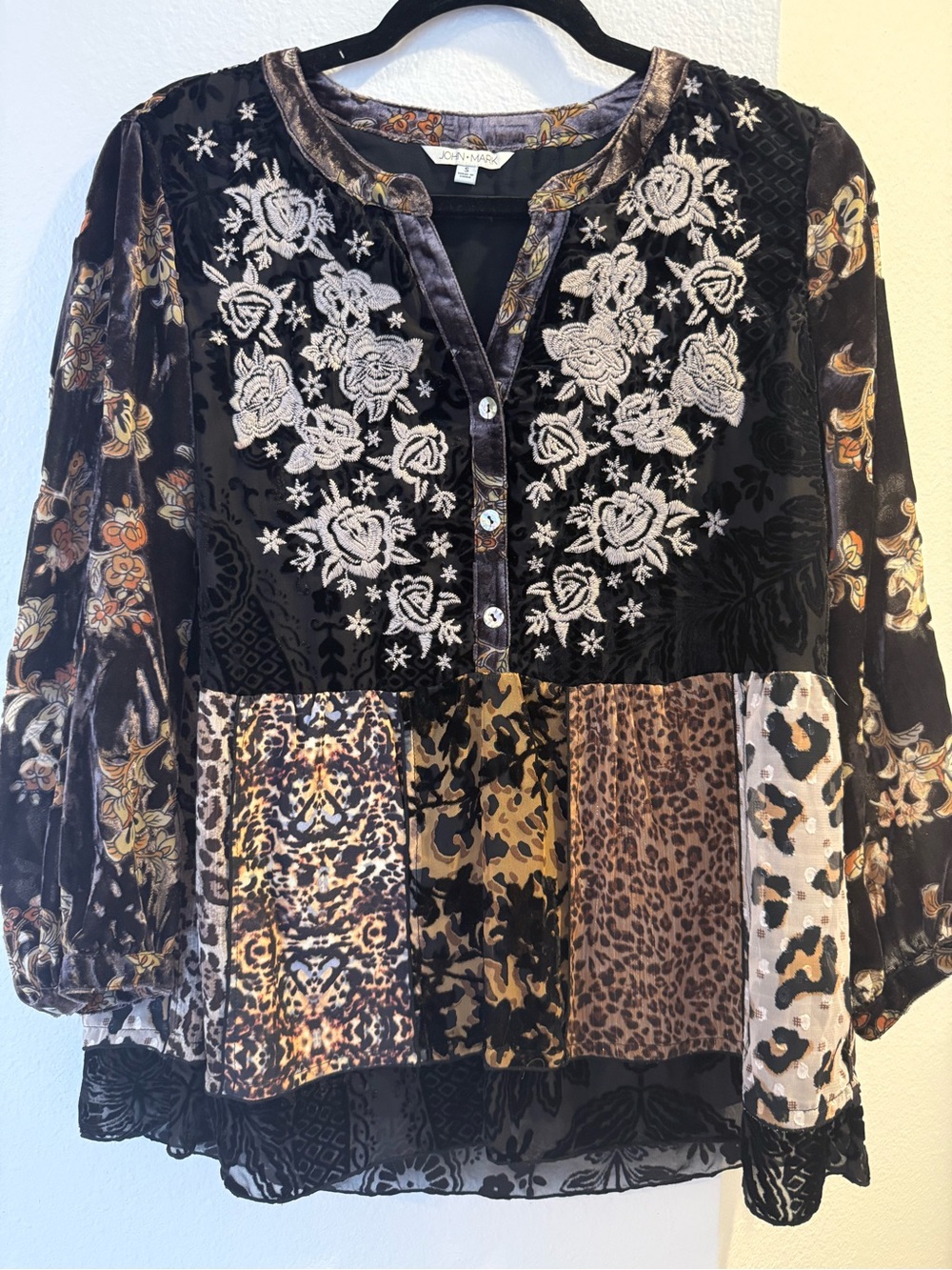 John Mark Size Small Patchwork Velvet Blouse